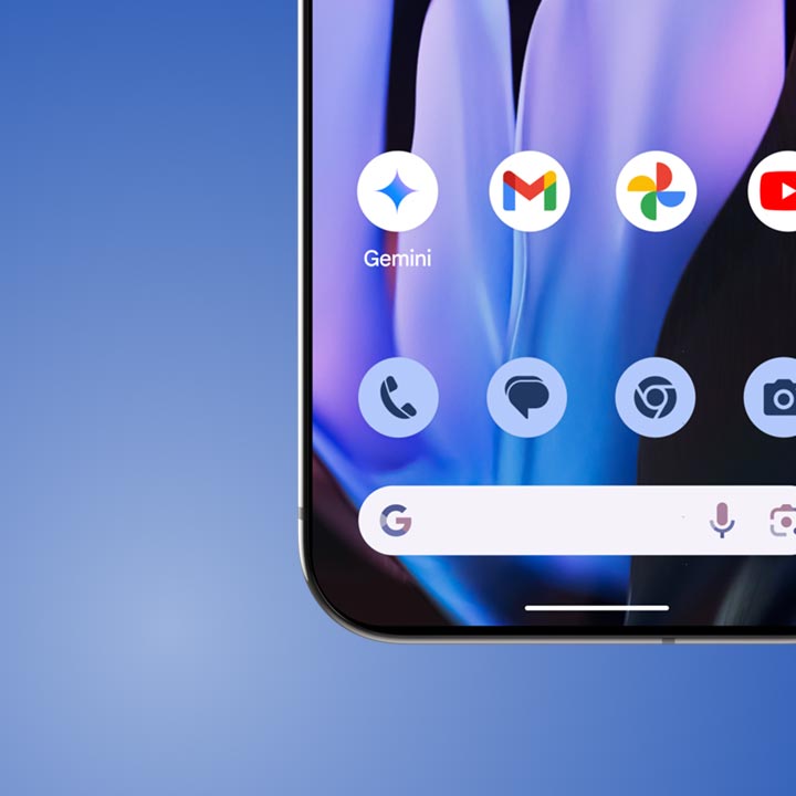 A Google Pixel phone screen is displayed against a blue background and zoomed into the home screen showing the Gemini app.