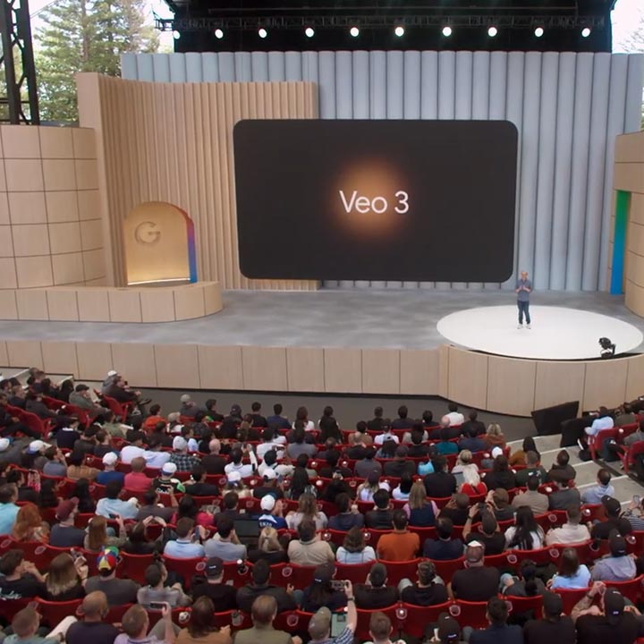 A man stands on stage at Google I/O 2025 in front of a big screen that says "Veo 3" in white text against a black background.