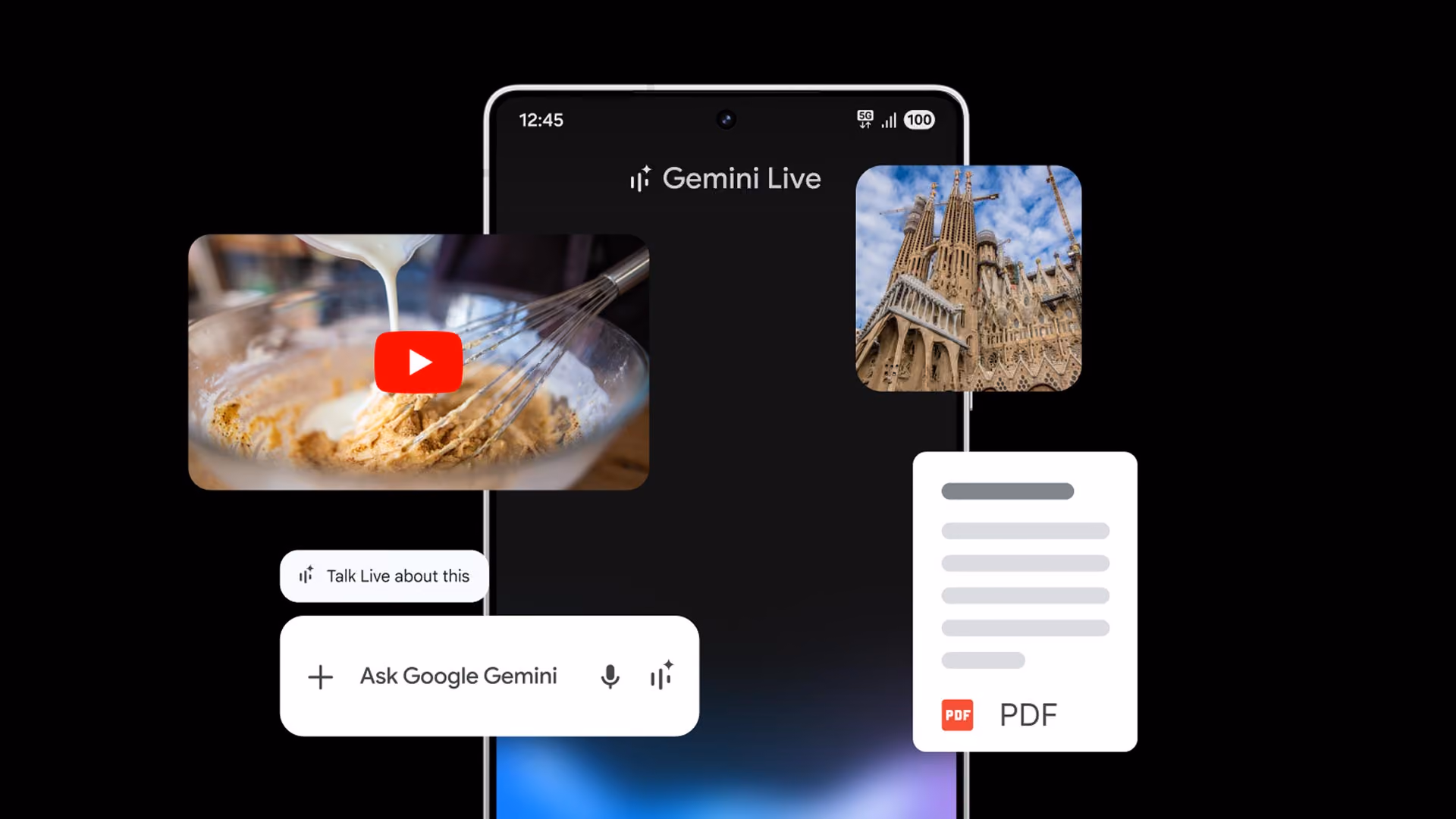 A collage of Google Gemini-related UI and images are shown against a black background. Text reads "Gemini Live."