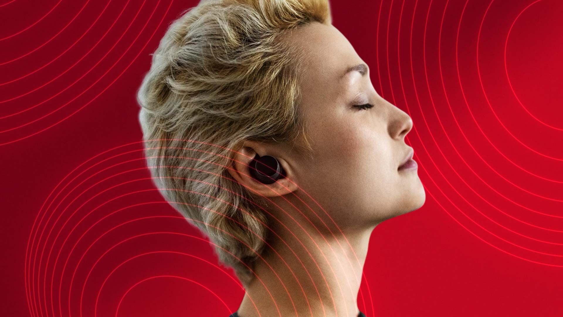 A woman wearing earbuds surrounded by audio waves on a red gradient background.