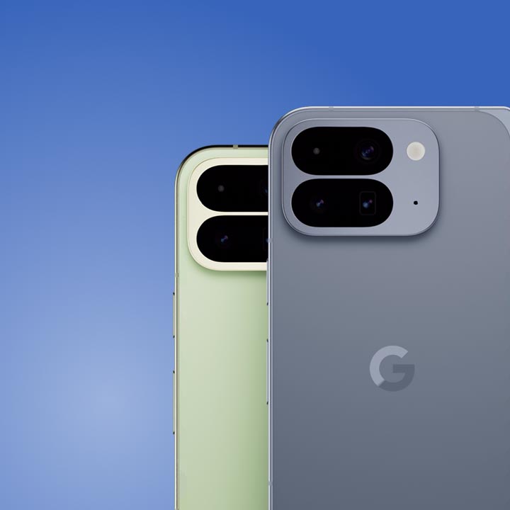 Gray and green Google Pixel 10 smartphones float against a blue gradient background within a cut-out star shape.