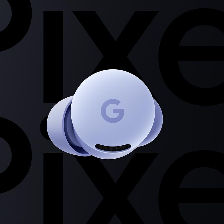 Pixel buds in the shade “iris” float against a black background with repeated “Pixel” text.