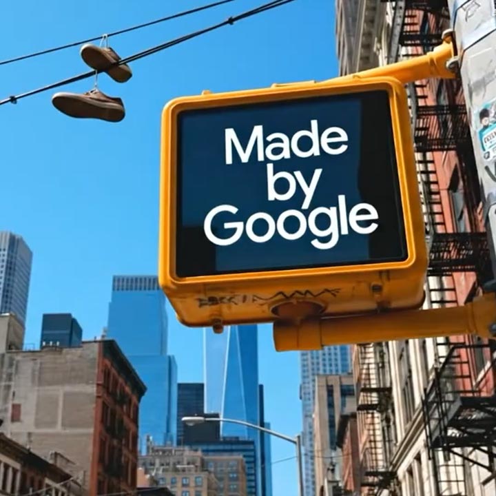 An AI-generated image superimposes white "Made by Google" text onto a pedestrian crossing signal in New York City.