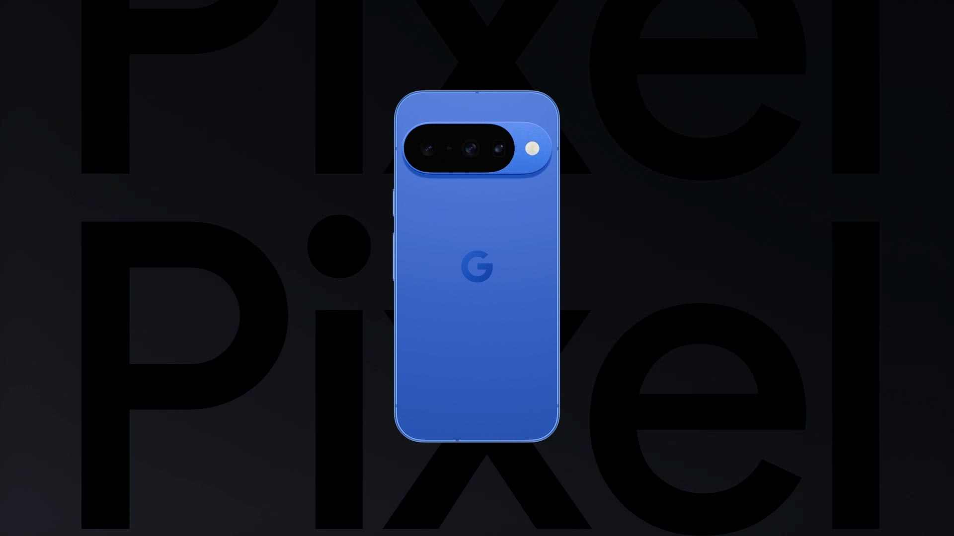 A blue Google Pixel smartphone floats against a gradient black background with text that reads "Pixel."