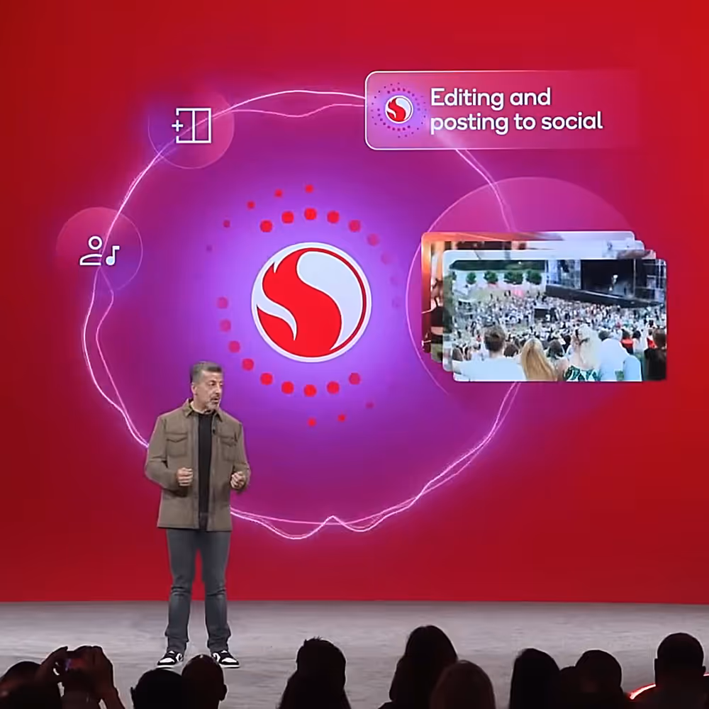 The screen at Snapdragon Summit shows text "Editing and posting to social" against a graphic showing Snapdragon's process.