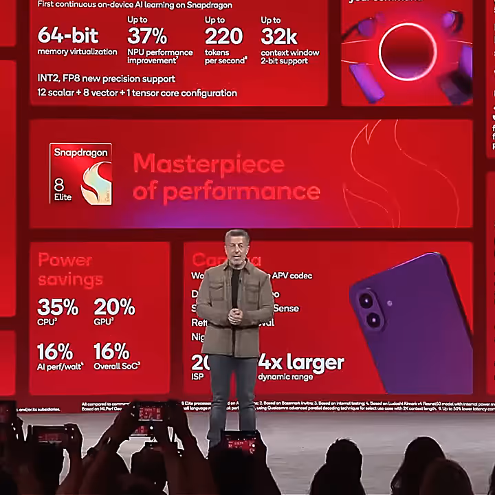 The big screen at Snapdragon Summit shows a grid of graphics listing statistics for on-device agentic AI and more.