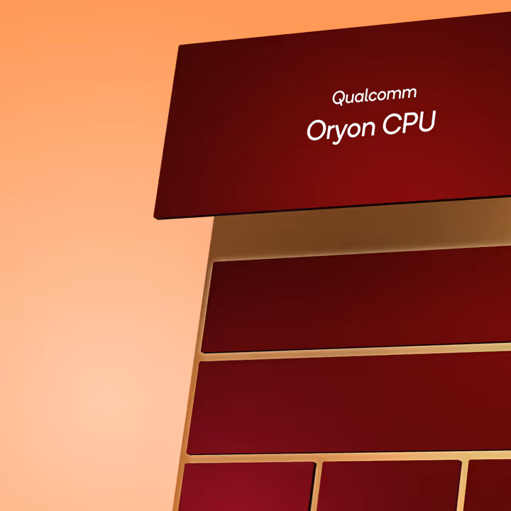 A zoom-in on the Qualcomm Oryon CPU chip floating against a gradient orange background.