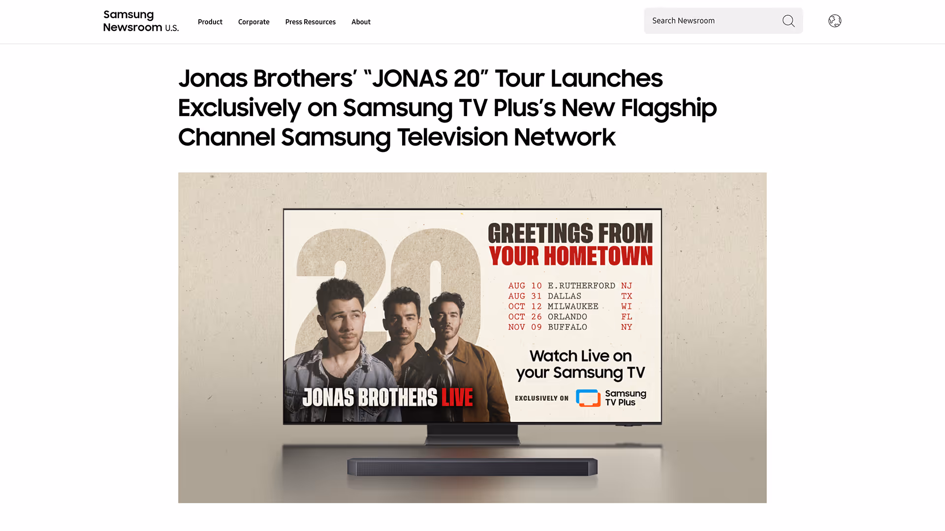 Samsung Newsroom article headline reads "Jonas Brothers' 'JONAS 20' Tour Launches Exclusively on Samsung TV Plus."