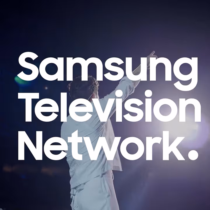 White text reading "Samsung Television Network" is displayed over a photo of Nick Jonas performing on tour.