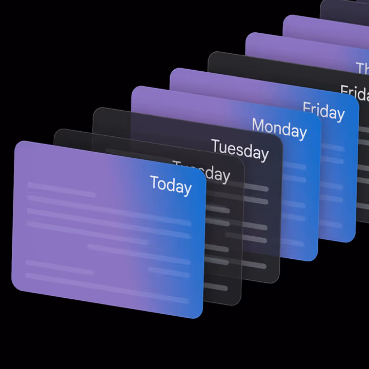Simplified user interfaces show Gemini responses for "Today," "Tuesday," "Monday," and "Friday" in gradient color schemes.