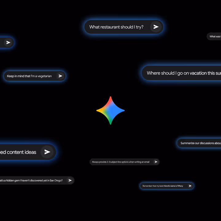 The gradient Gemini logo is surrounded by floating prompts asking "What restaurant should I try?" and more.