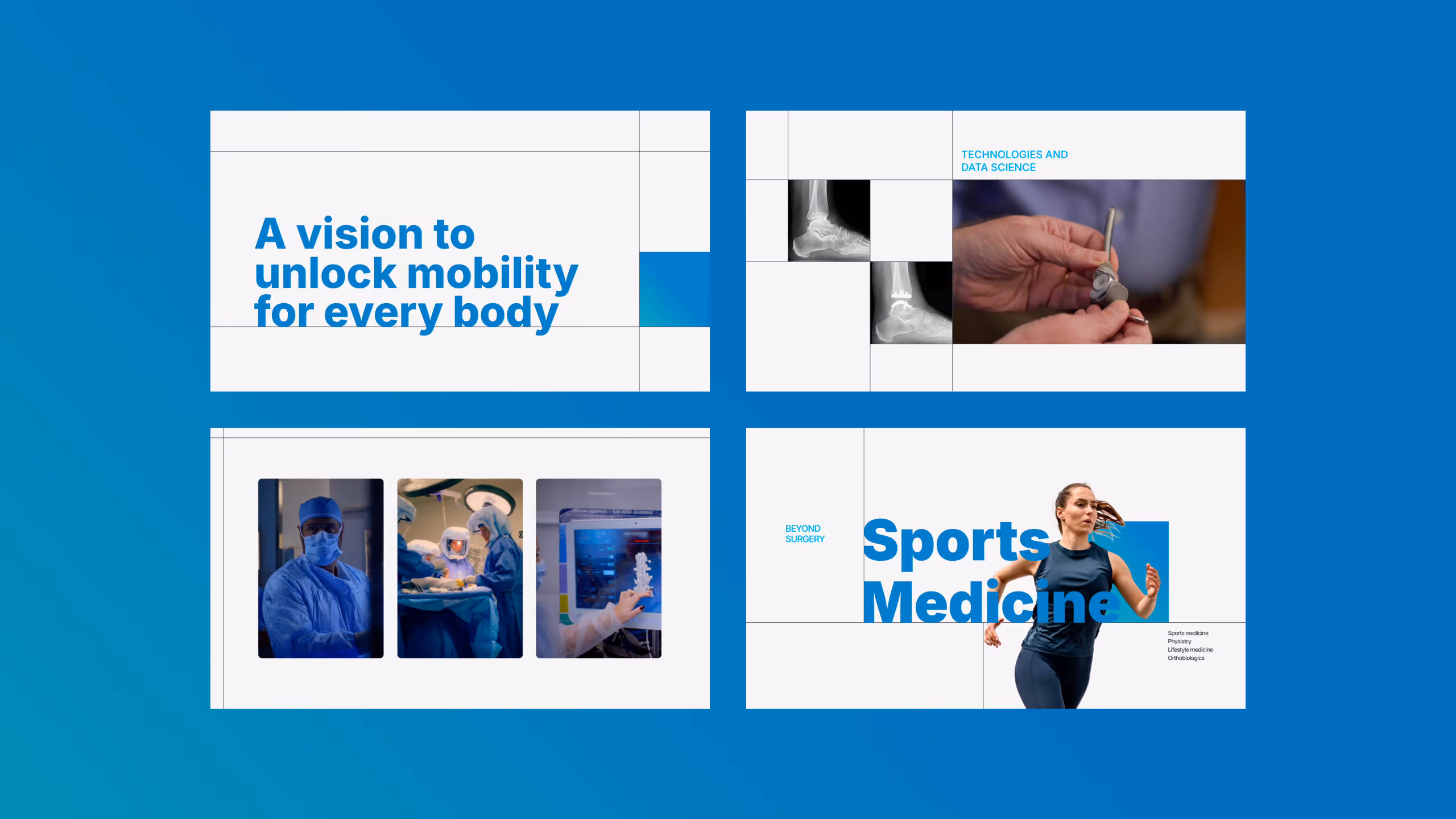 Four stills featuring text about mobility, surgical photos, X-rays, and a sports medicine runner.