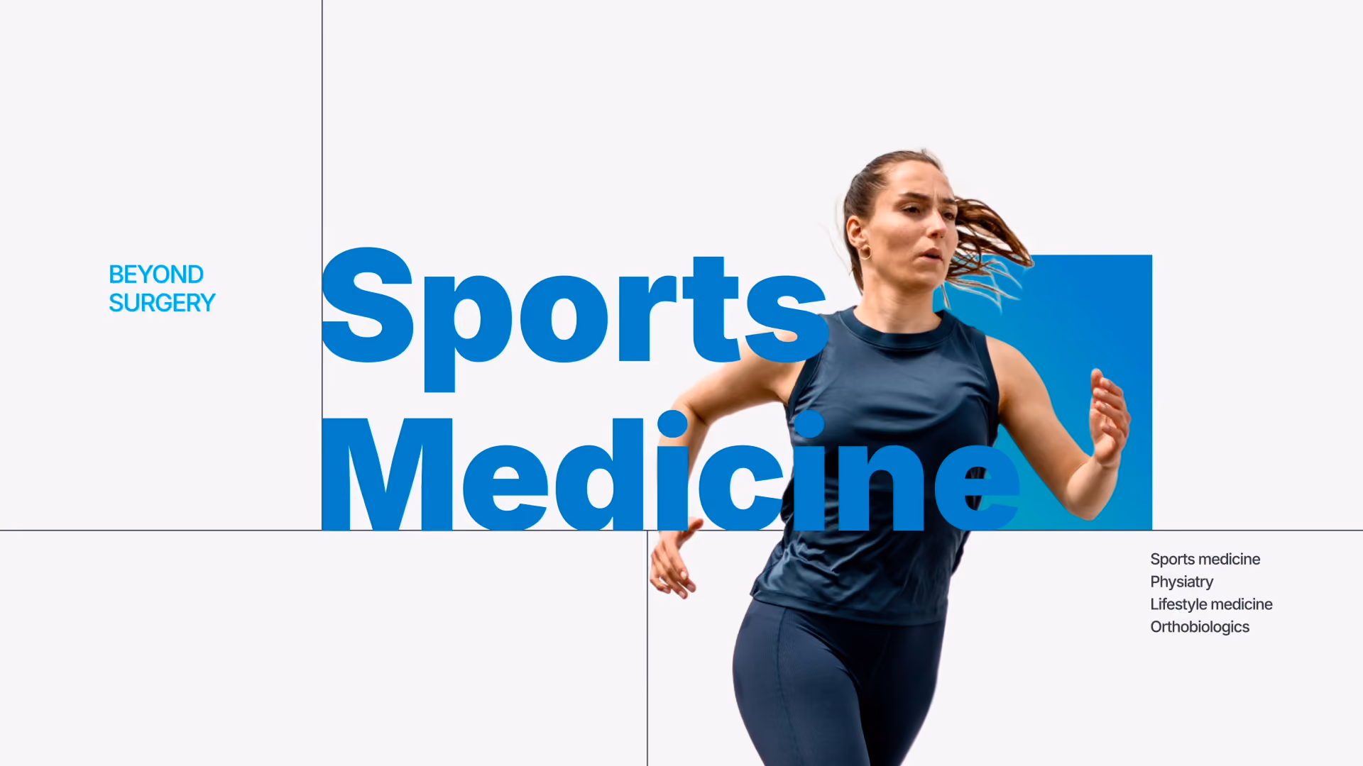 Female runner sprinting across screen with large blue text that reads “Sports Medicine.”