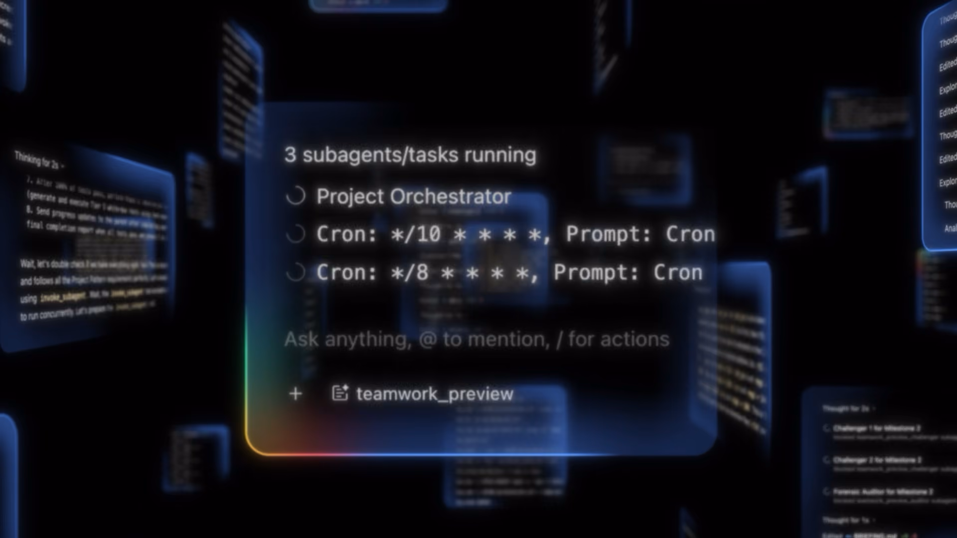 A futuristic interface showing active code subagents and text, with multiple glowing data windows floating in the background.