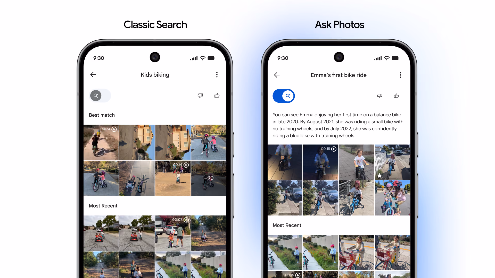 Two phones side-by-side comparing Classic Search results with a detailed conversational response in Ask Photos.