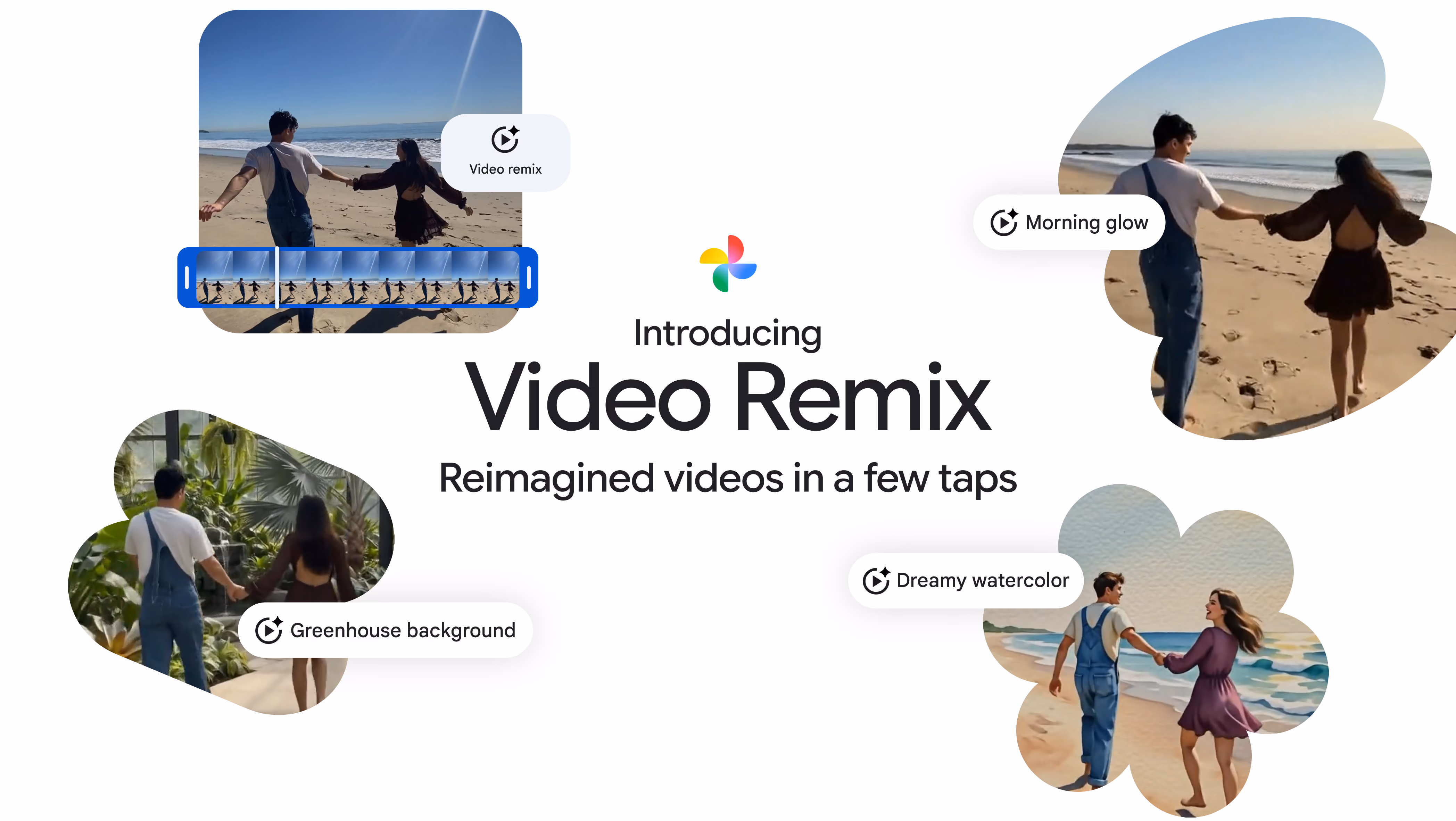Graphic introducing Video Remix in Google Photos showing a couple transformed into different artistic styles.