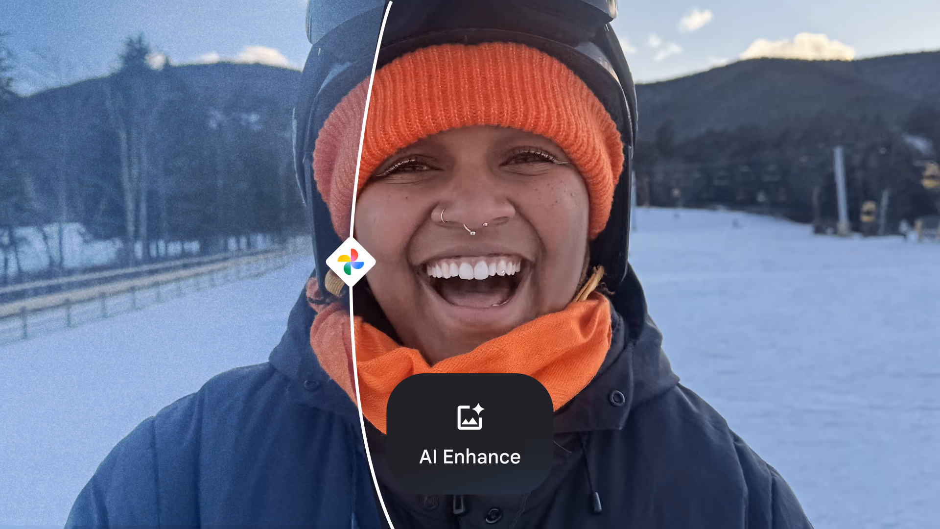 Split view showing AI Enhance in Google Photos improving the color and detail of a smiling skier in the snow.