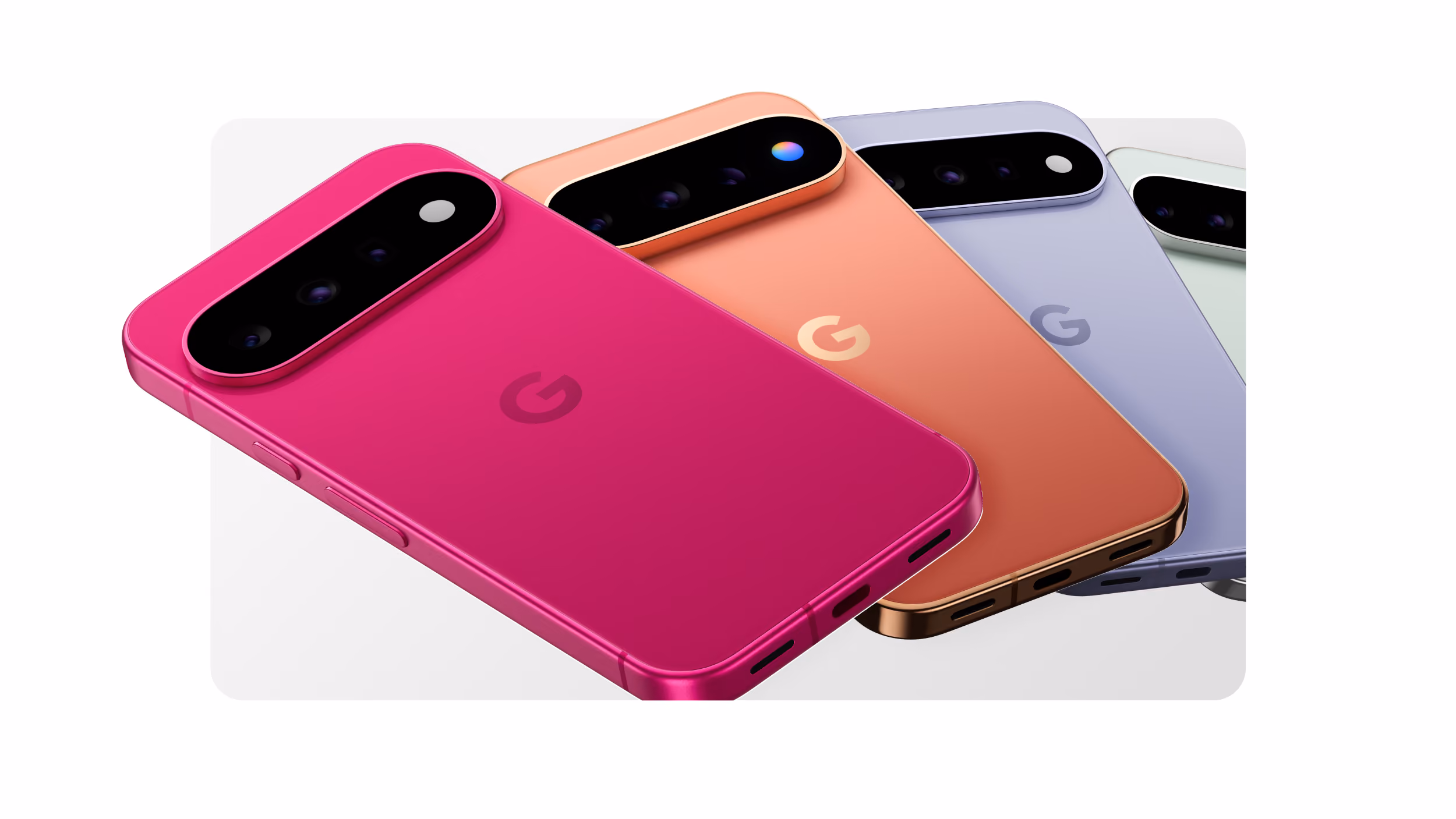 Four Google Pixel 11 and 11 Pro smartphones lined up in Hibiscus, Canyon, Frost, and Fog, showing their camera bars.