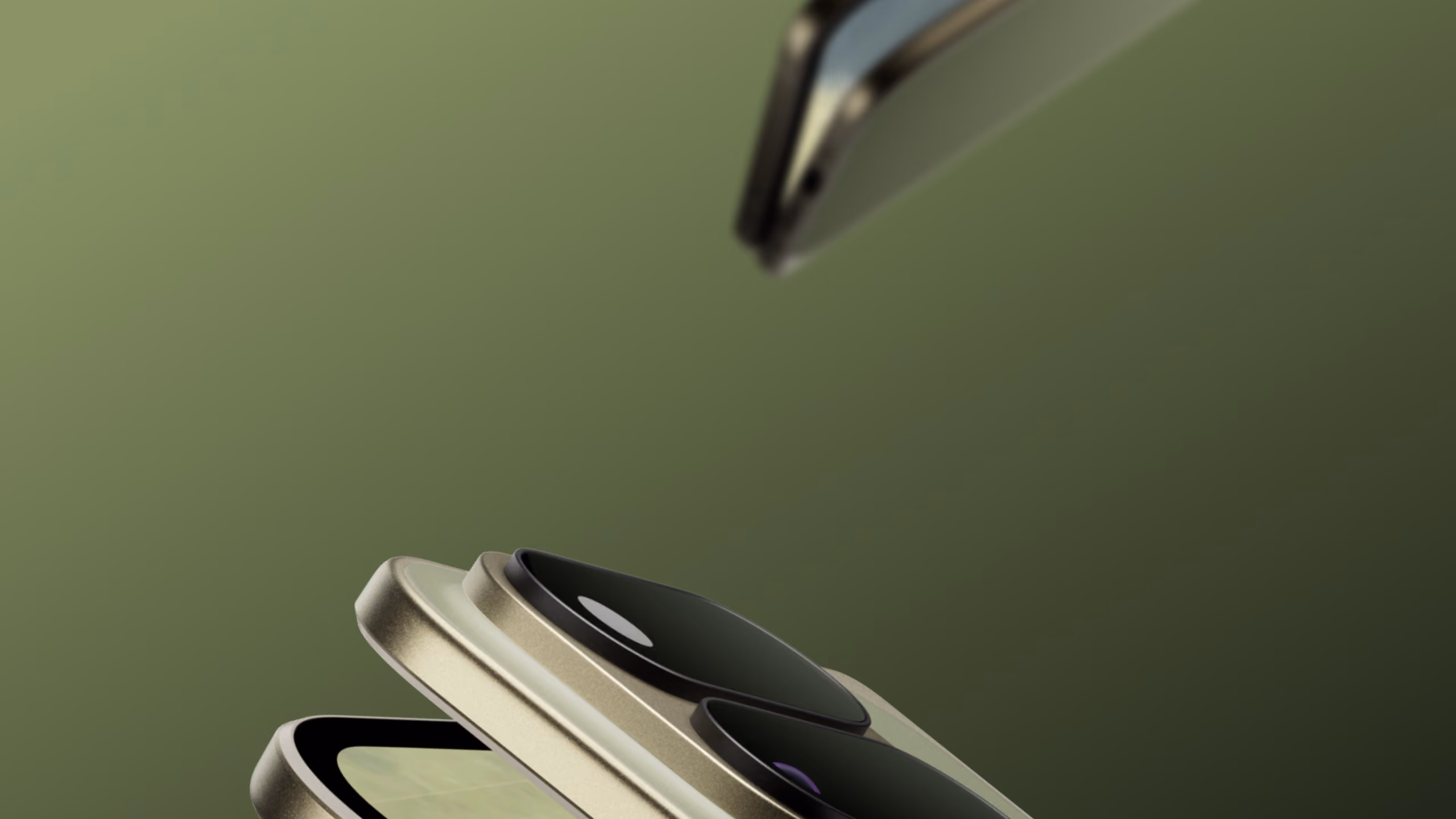 Close-up shot of two Google Pixel 11 Pro Folds floating dynamically against a muted olive green background.
