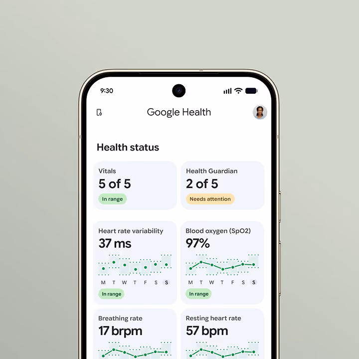 Smartphone displaying the Google Health app dashboard with metrics like vitals, heart rate variability, and SpO2.