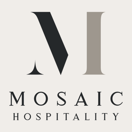 A dark gray M in Sans Serif with the text "Mosaic Hospitality" below.