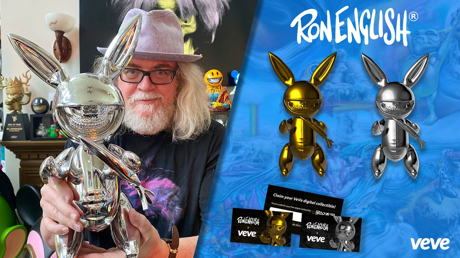 Ron English holding his chrome Rabbit Grin