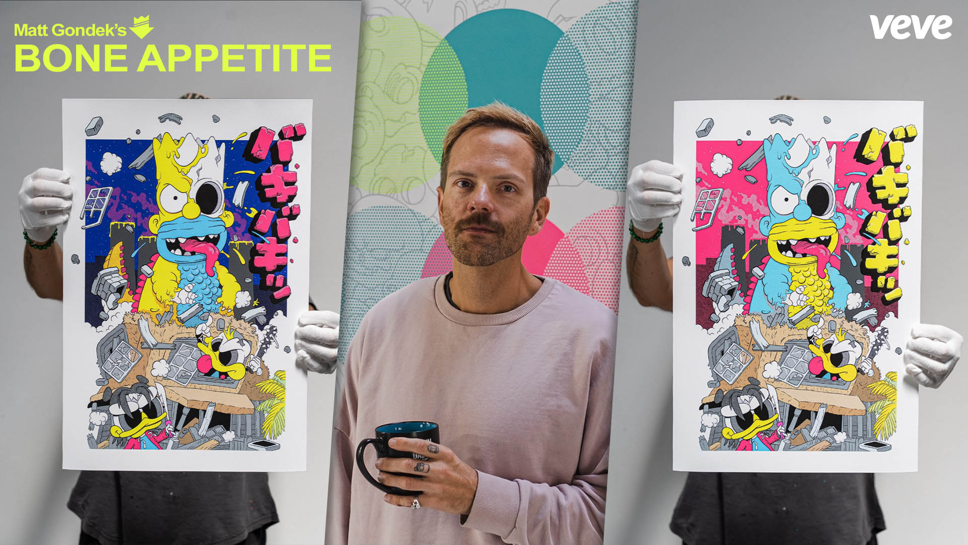 Artist Matt Gondek holding his Bone Appetite fine art print