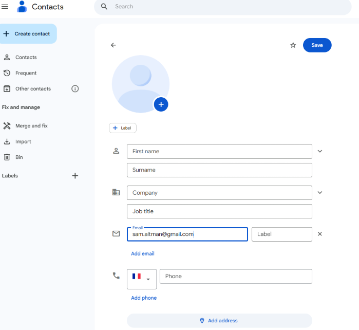 Google contact creation flow