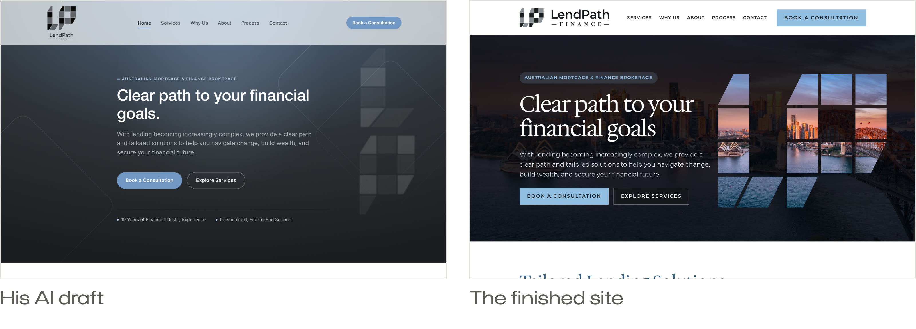 The top of the LendPath homepage. Left, his AI draft. Right, the finished site, with Sydney seen through the LP logo.