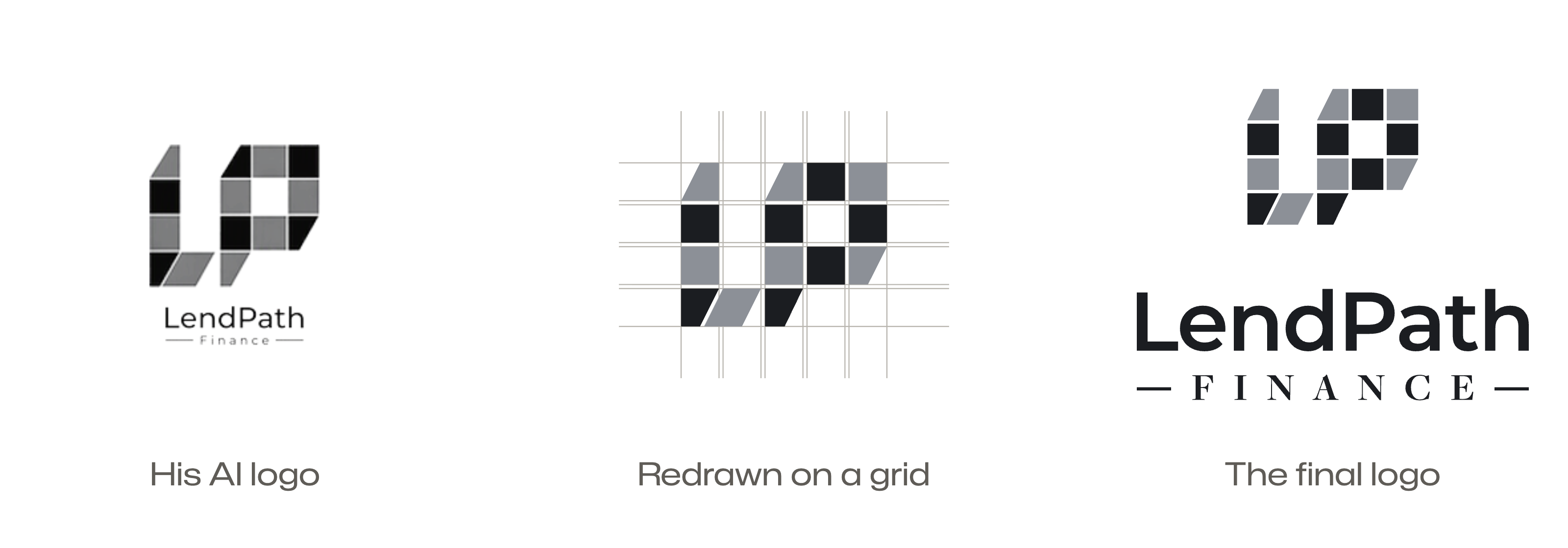 The LendPath logo in three steps: his AI version, the logo redrawn on a construction grid, and the final logo.
