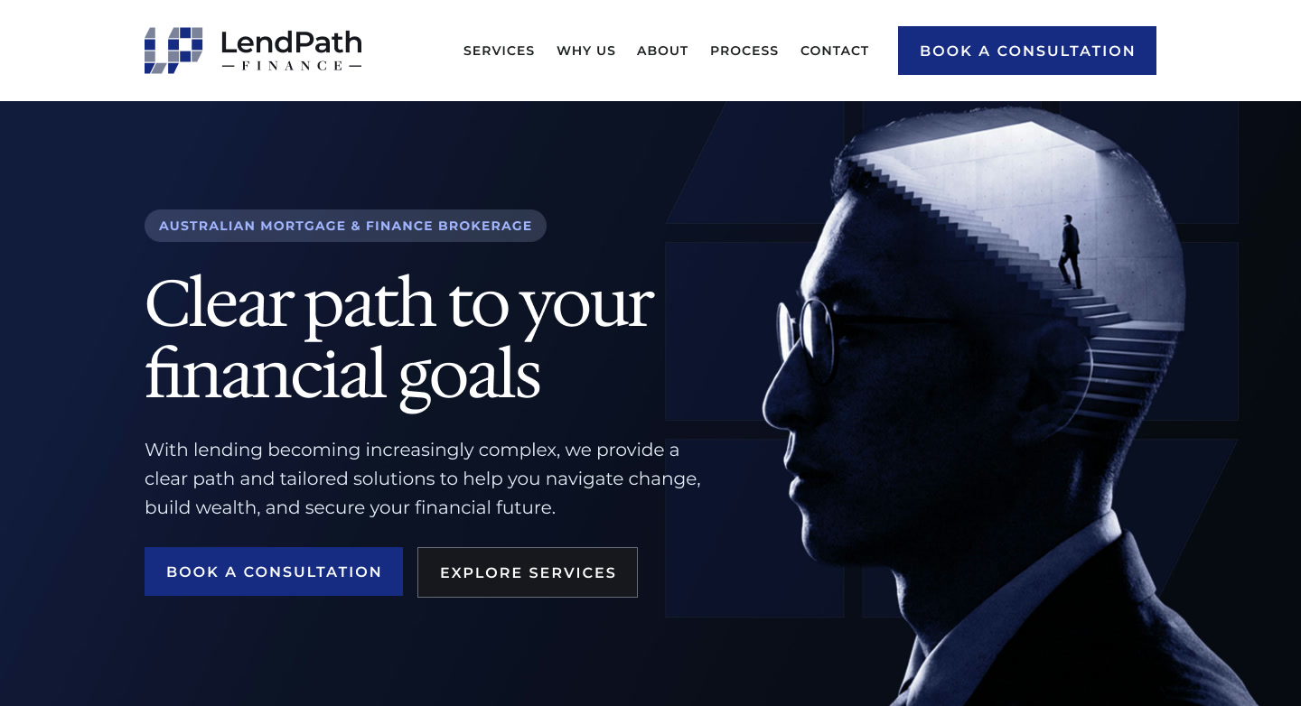 My first direction for the top of the LendPath homepage: a silhouette of Yichen’s profile with a staircase inside and a small figure climbing toward the light.