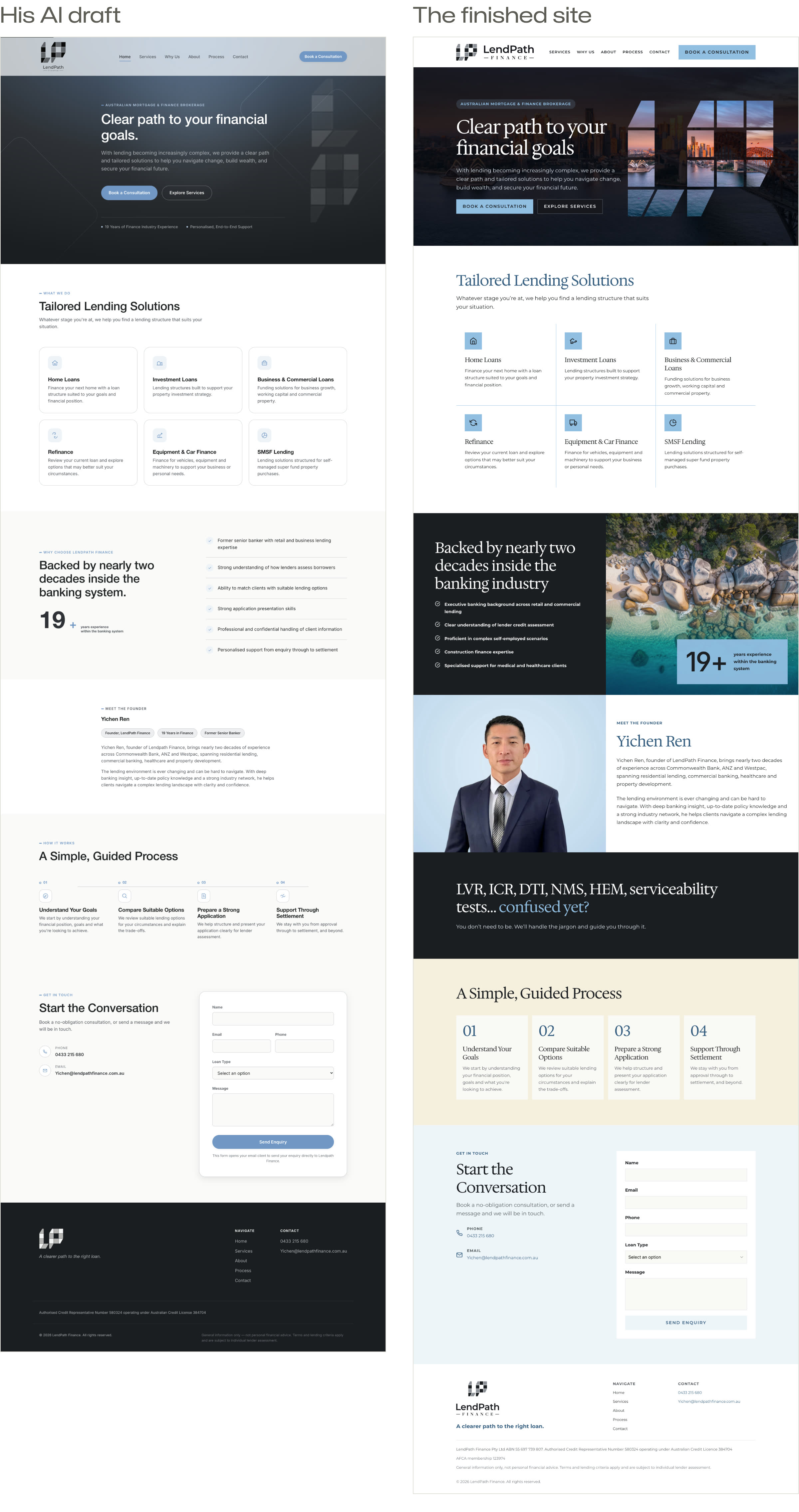 Both full pages side by side: his AI draft on the left and the finished site on the right, with the same sections in the same order.