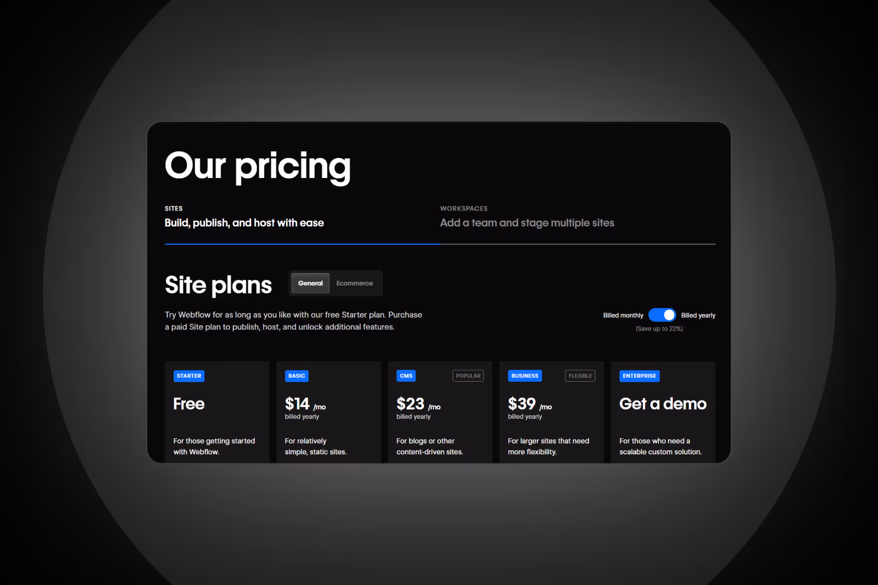 Webflow Site Plans comparison table showing Free, Basic, CMS, Business, and Enterprise plans with key features and pricing.