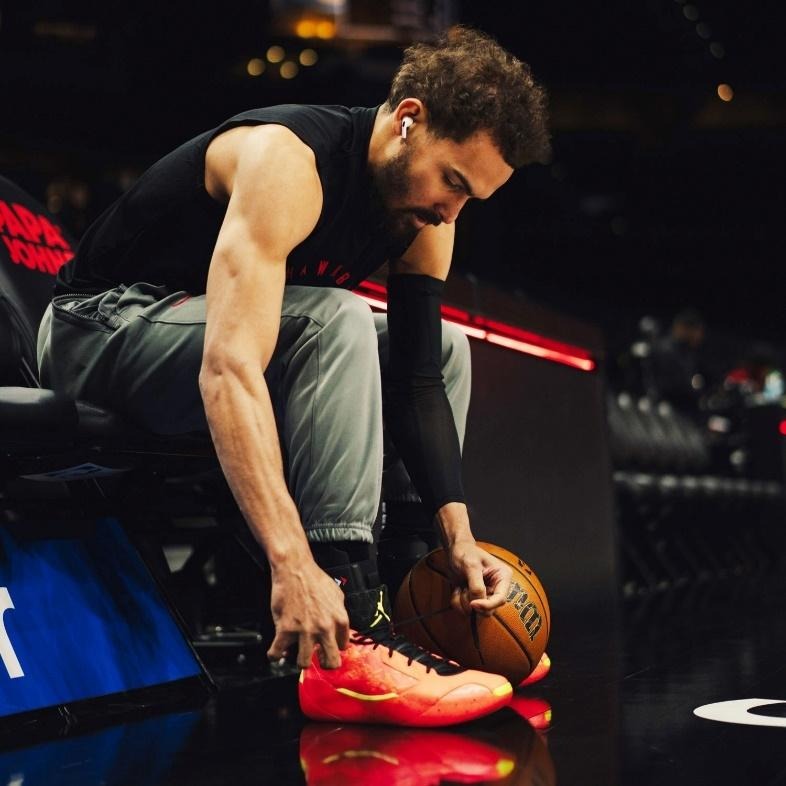Trae Young wearing Zamst A2-DX ankle brace during on-court training