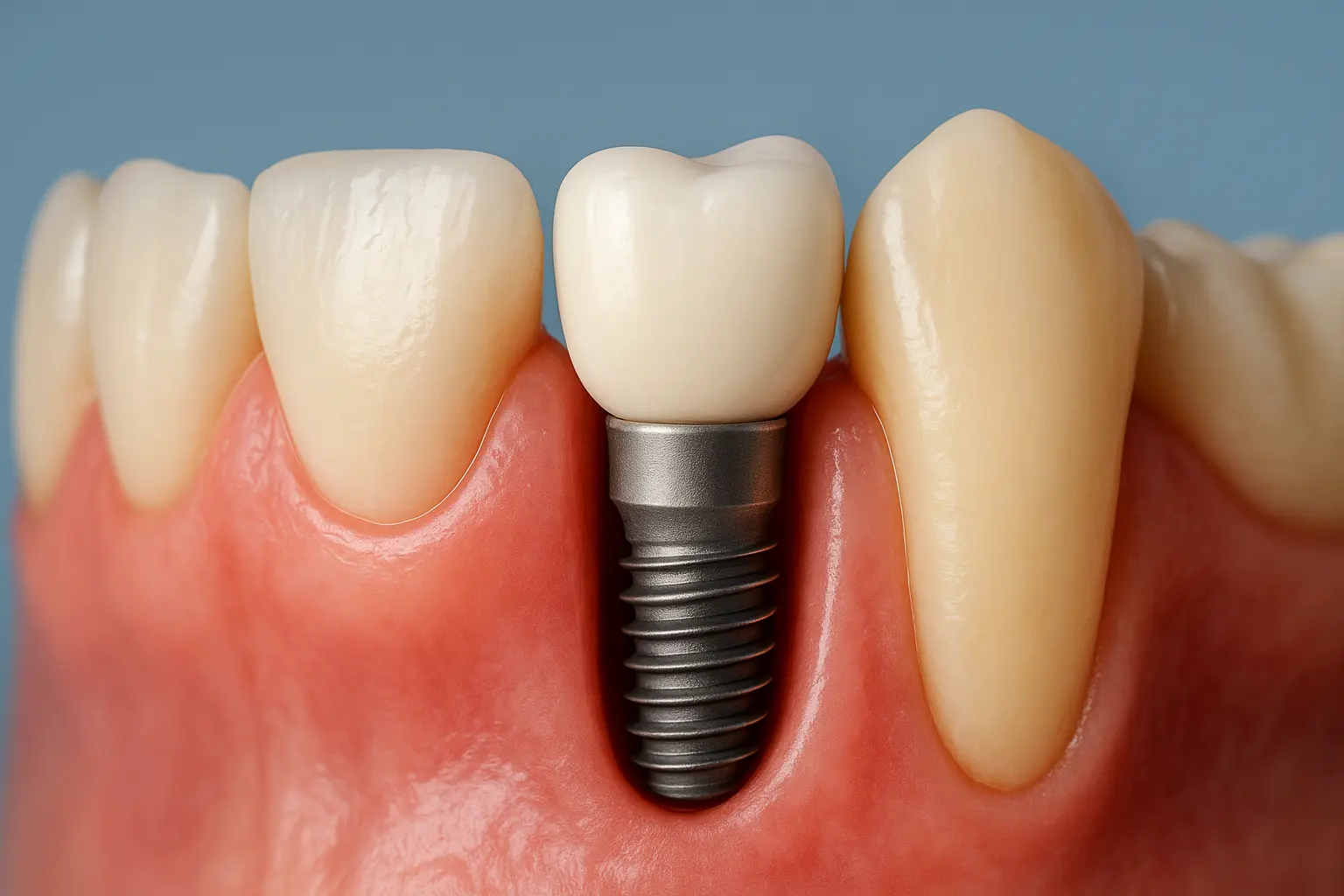 A high-resolution, photo-realistic digital illustration shows the treatment of congenitally missing maxillary lateral incisors with dental implants. The image displays an adult jaw model with a titanium dental implant placed in the lateral incisor position, highlighting bone preservation and aesthetic restoration. Blue-grey background enhances the clinical focus of the scene.