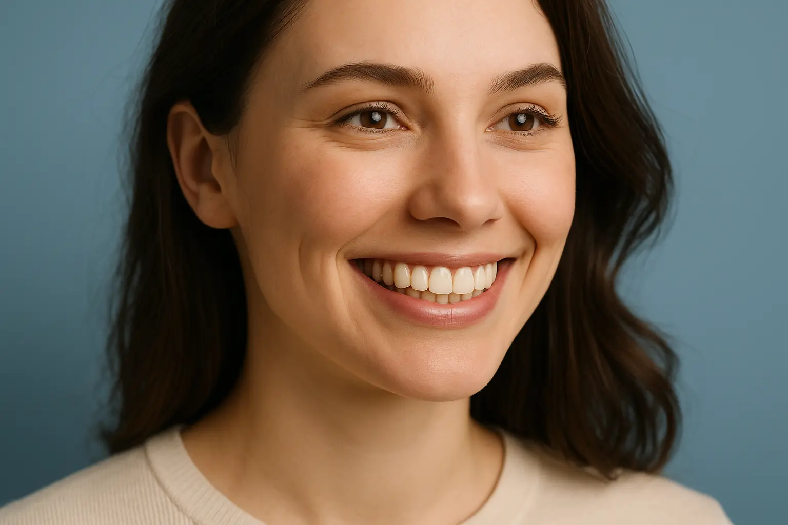 A high-resolution, photo-realistic image showing a close-up of a young woman receiving a dental implant consultation for congenitally missing upper lateral incisors. The image displays the patient’s upper front teeth, including digitally rendered temporary crowns placed on implants, with a realistic gum contour. The background features a soft blue-grey tone, aligning with clinical and educational visual standards. Keywords: dental implants, lateral incisors, implant restoration, dental consultation, missing teeth, provisional crowns.
