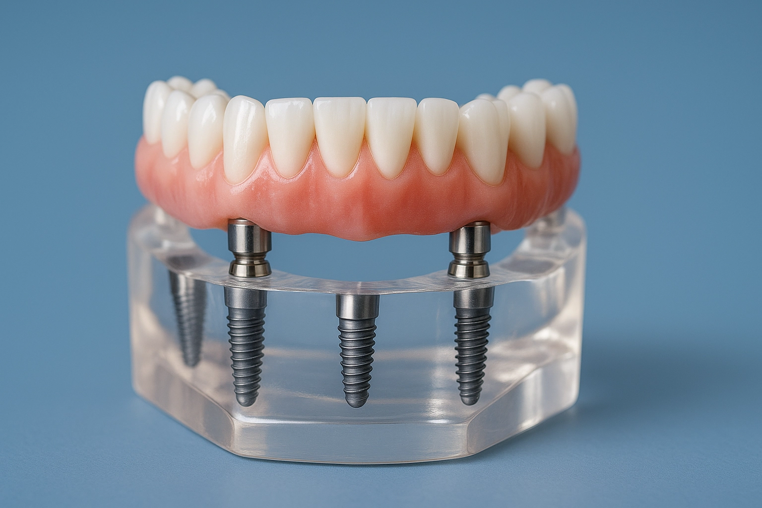 All-on-4 dental implant model showing full arch prosthesis with four titanium implants and realistic artificial teeth on a translucent base, set against a blue-grey background.