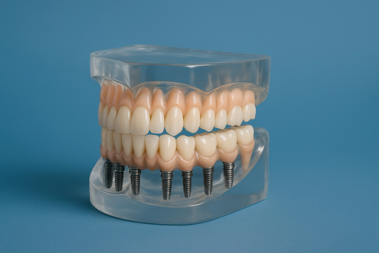 Transparent dental model of an All-on-6 full arch prosthesis with six titanium implants and lifelike artificial teeth, set against a soft blue background.