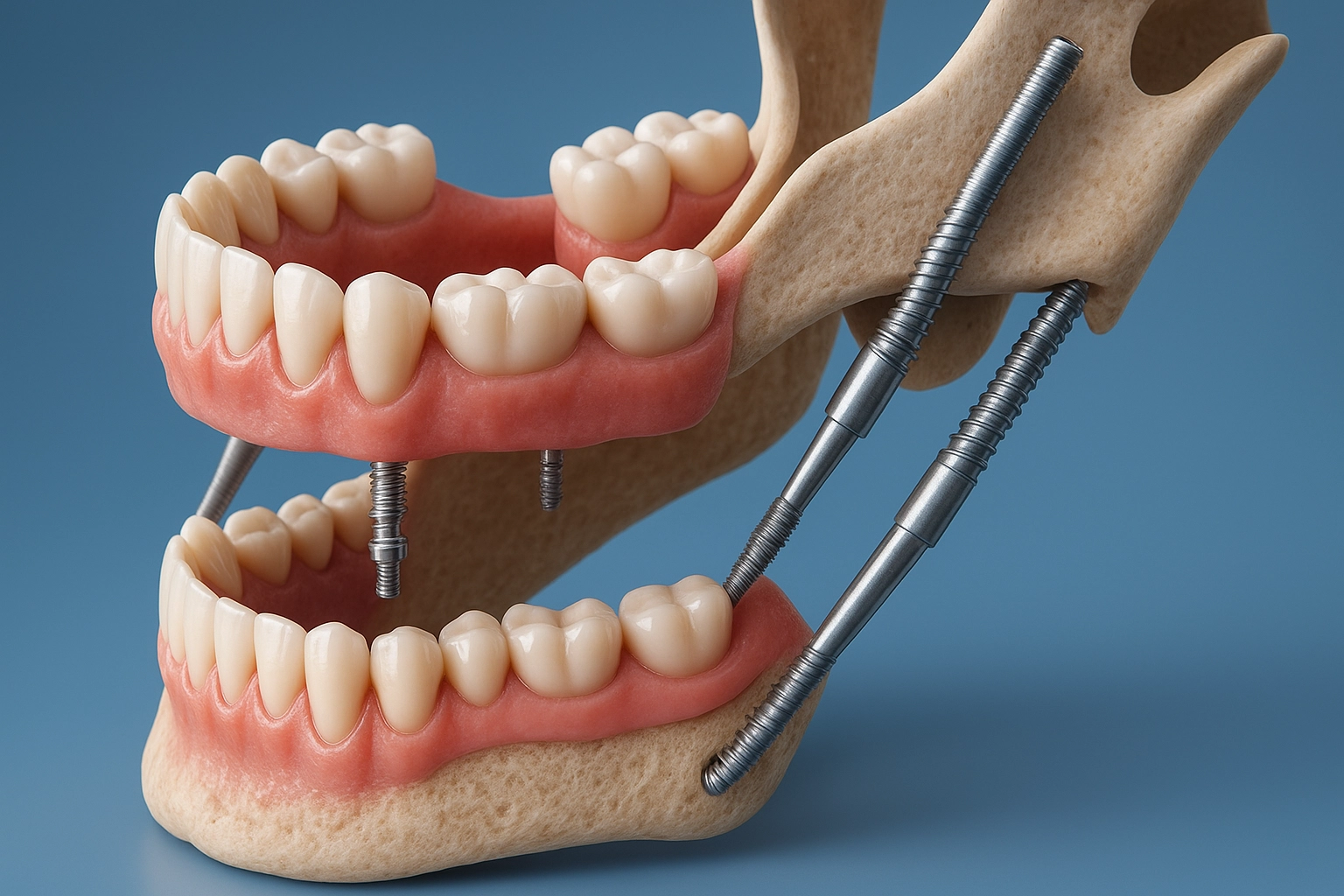 Photorealistic 3D illustration of a human jaw with zygomatic dental implants anchored into the cheekbone, showing detailed teeth, gums, and titanium implants on a soft blue background.