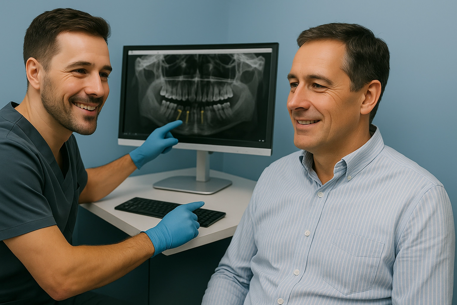 Photorealistic image of a dentist in blue gloves discussing a dental X-ray with a patient, highlighting four visible implants in the lower jaw on a monitor in a modern clinic.