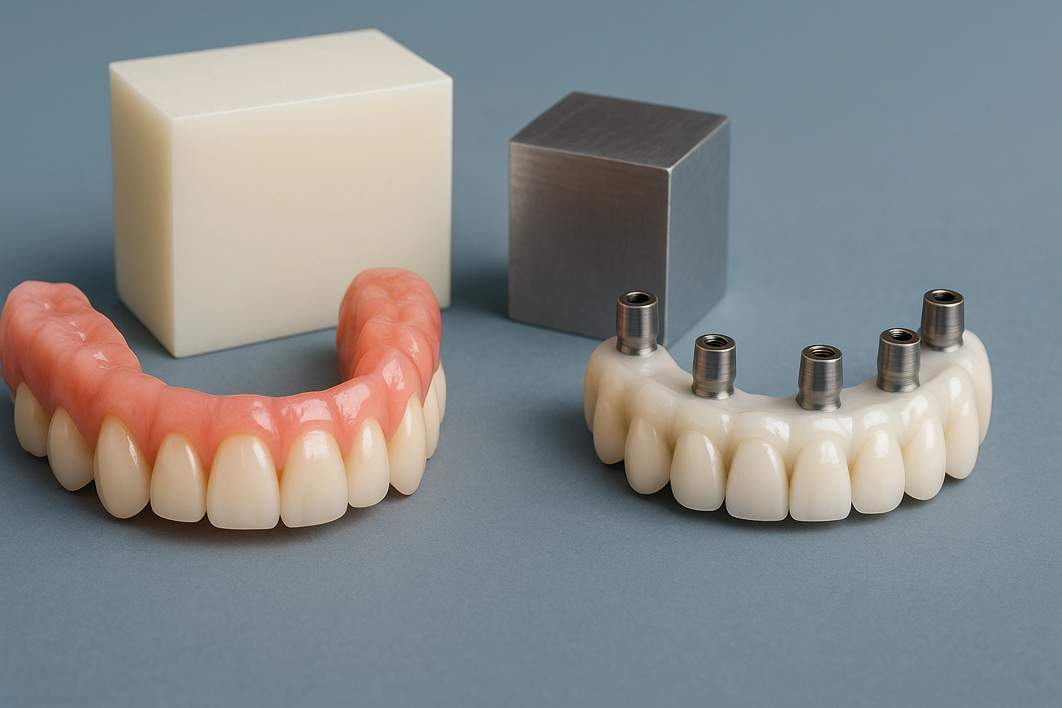 An image of acrylic and zirconia full-arch dental prostheses with natural-sized teeth and titanium abutments, placed beside zirconia and titanium material blocks on a blue-grey background.