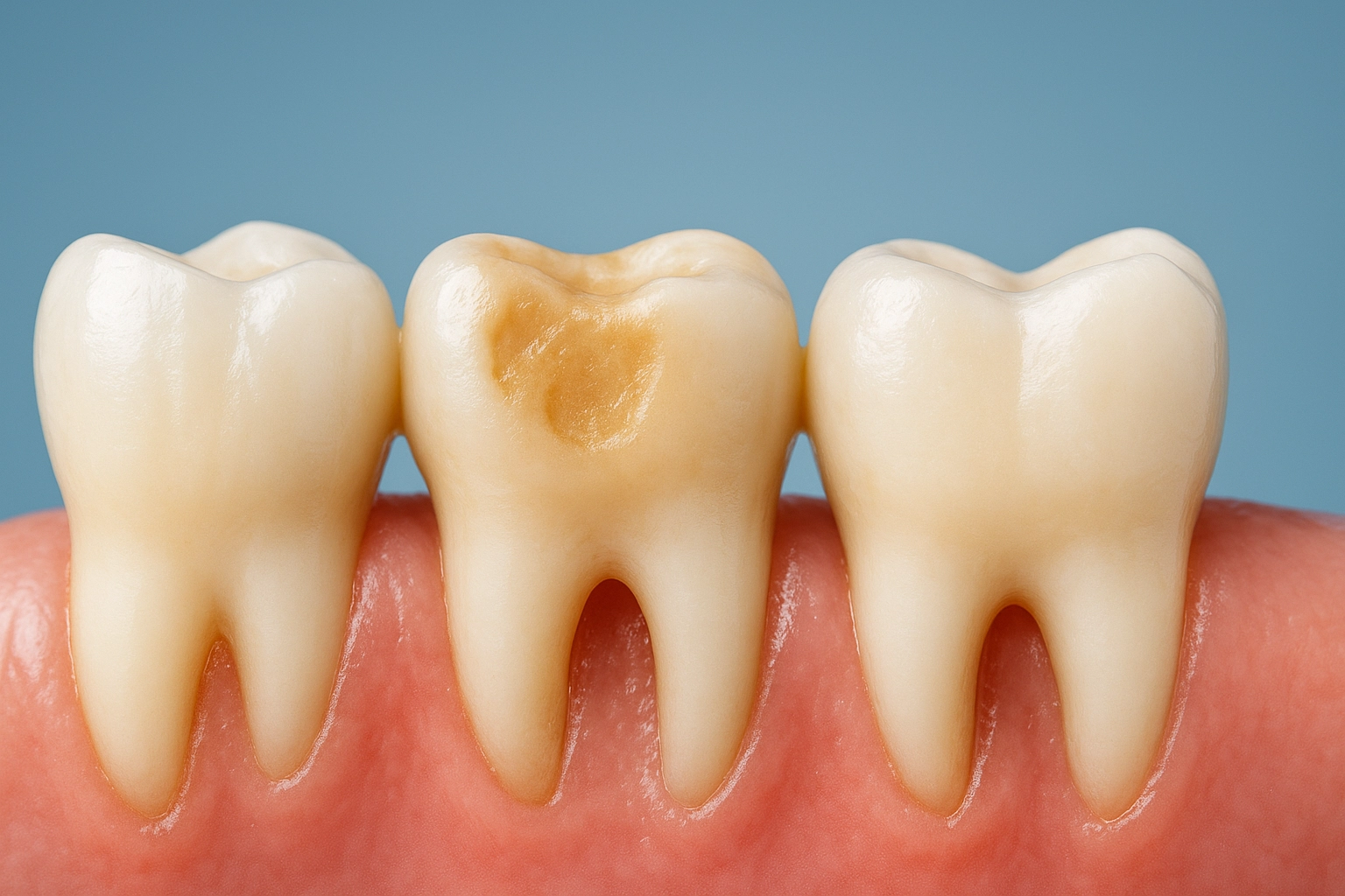 Photorealistic close-up of four human teeth showing the effects of acid-induced dental erosion, with one tooth displaying significant enamel wear and discoloration. The healthy gums and detailed enamel textures are highlighted against a soft blue-grey background, illustrating the progressive damage caused by acidic substances.