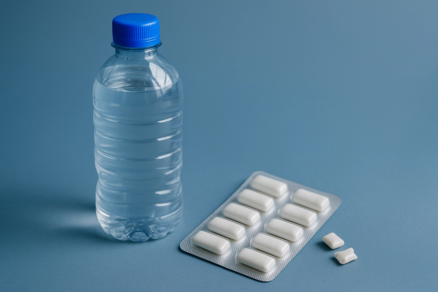 Image of a plastic water bottle and a blister pack of sugar-free chewing gum placed on a smooth blue-grey background. The clear bottle with a blue cap and neatly arranged gum pieces emphasize hydration and saliva stimulation as key strategies for enhancing oral health.