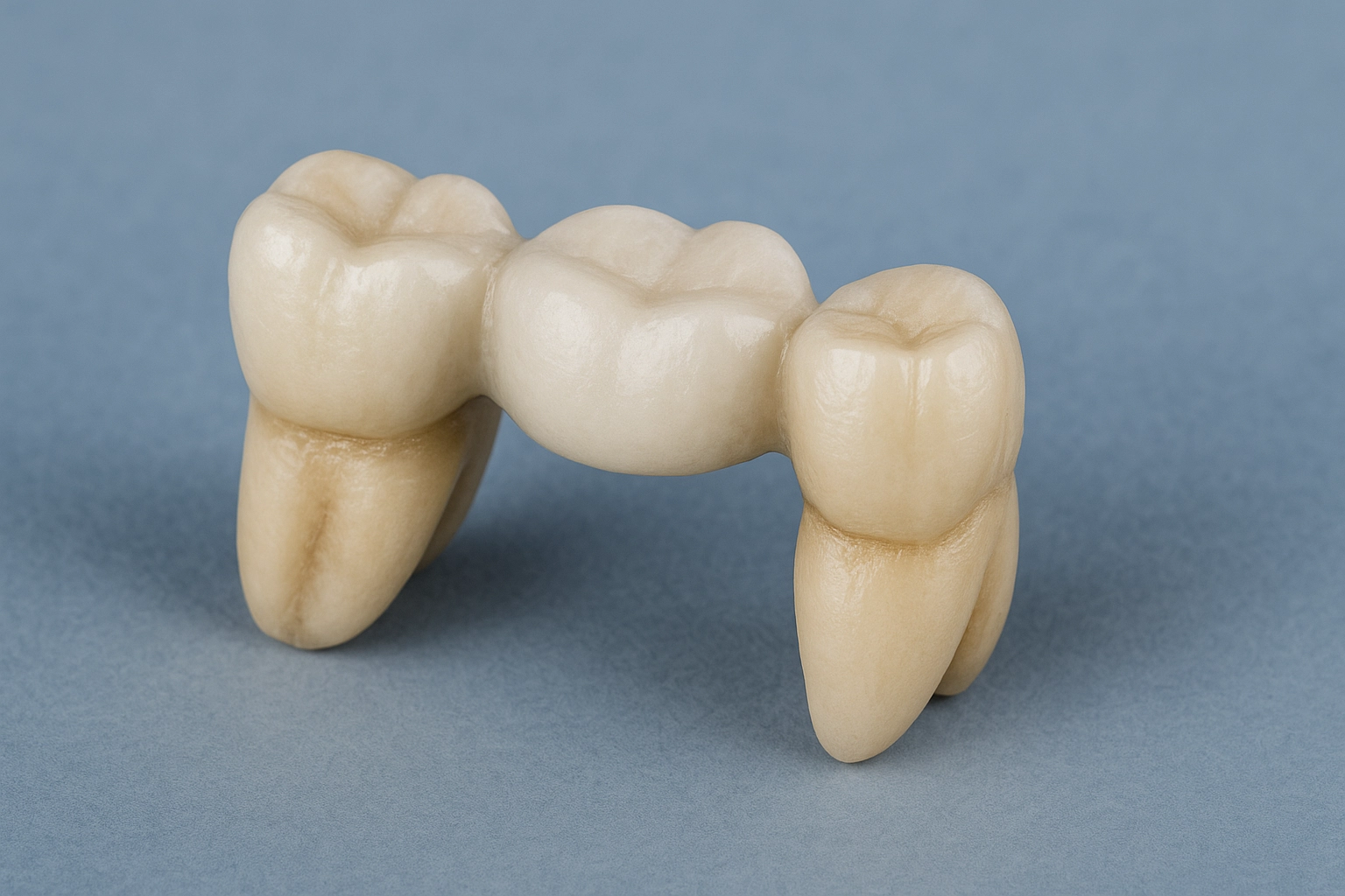 image of a dental bridge with a central porcelain pontic tooth anchored between two natural-looking crowns, displayed on a smooth blue-grey background.
