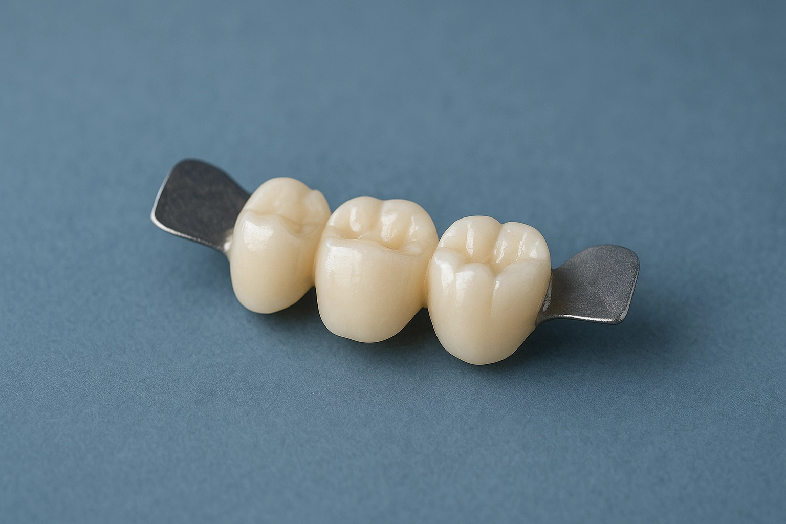 Image of a fixed dental bridge featuring three porcelain teeth with metal wings, placed on a smooth blue-grey background.