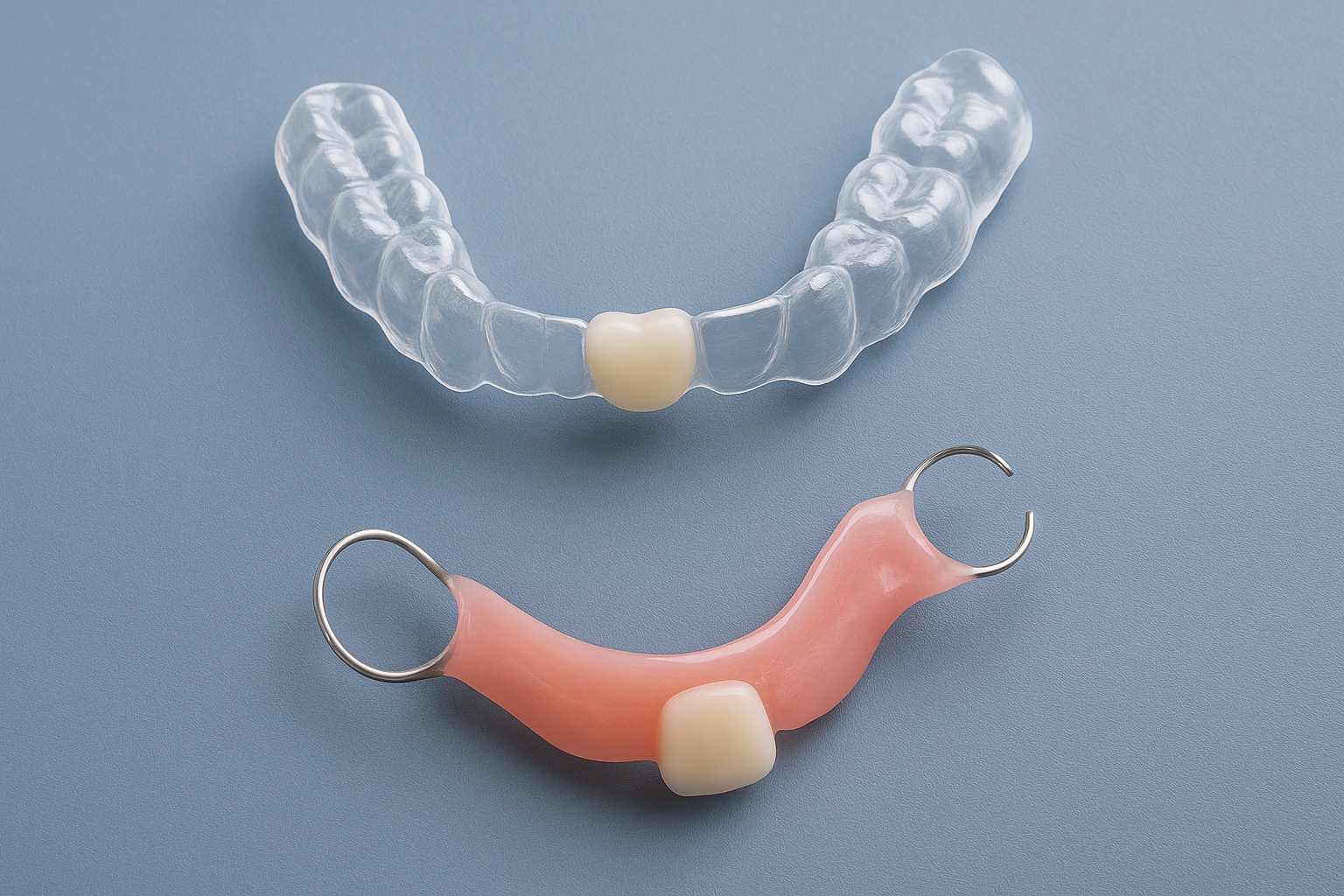 Image of a clear Essix retainer with an embedded pontic and a pink acrylic flipper denture, both resting on a smooth blue-grey background.