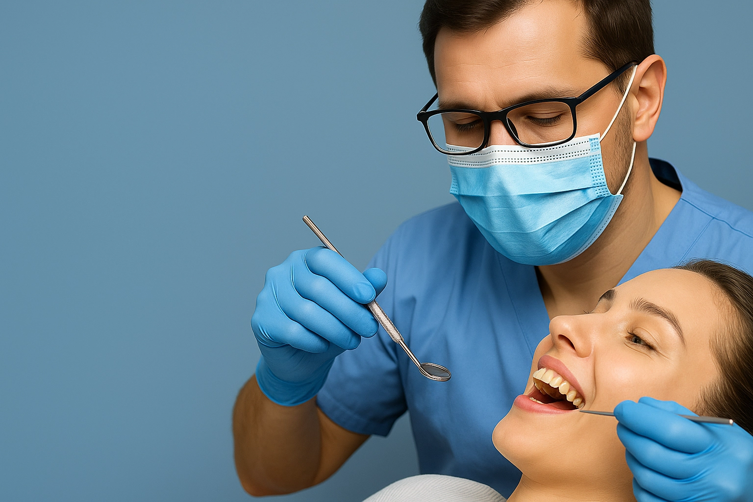 Image of a masked male dentist in blue scrubs examining a smiling female patient against a soft blue-grey background.