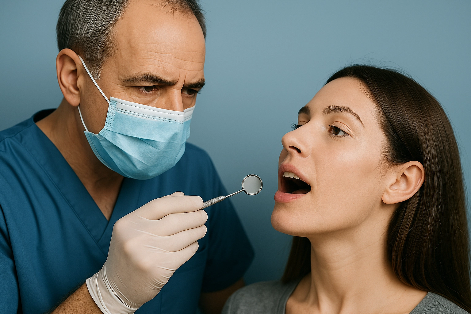 Image of a middle-aged male dentist wearing a mask and examining a young female patient’s open mouth with a dental mirror, set against a soft blue-grey background.