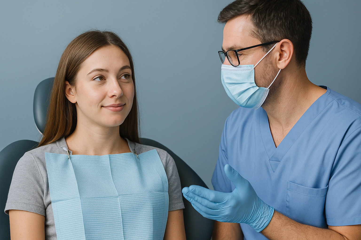 Image of a young woman sitting in a dental chair listening to a masked male dentist in blue scrubs who is explaining the procedure, set against a calm blue-grey background.
