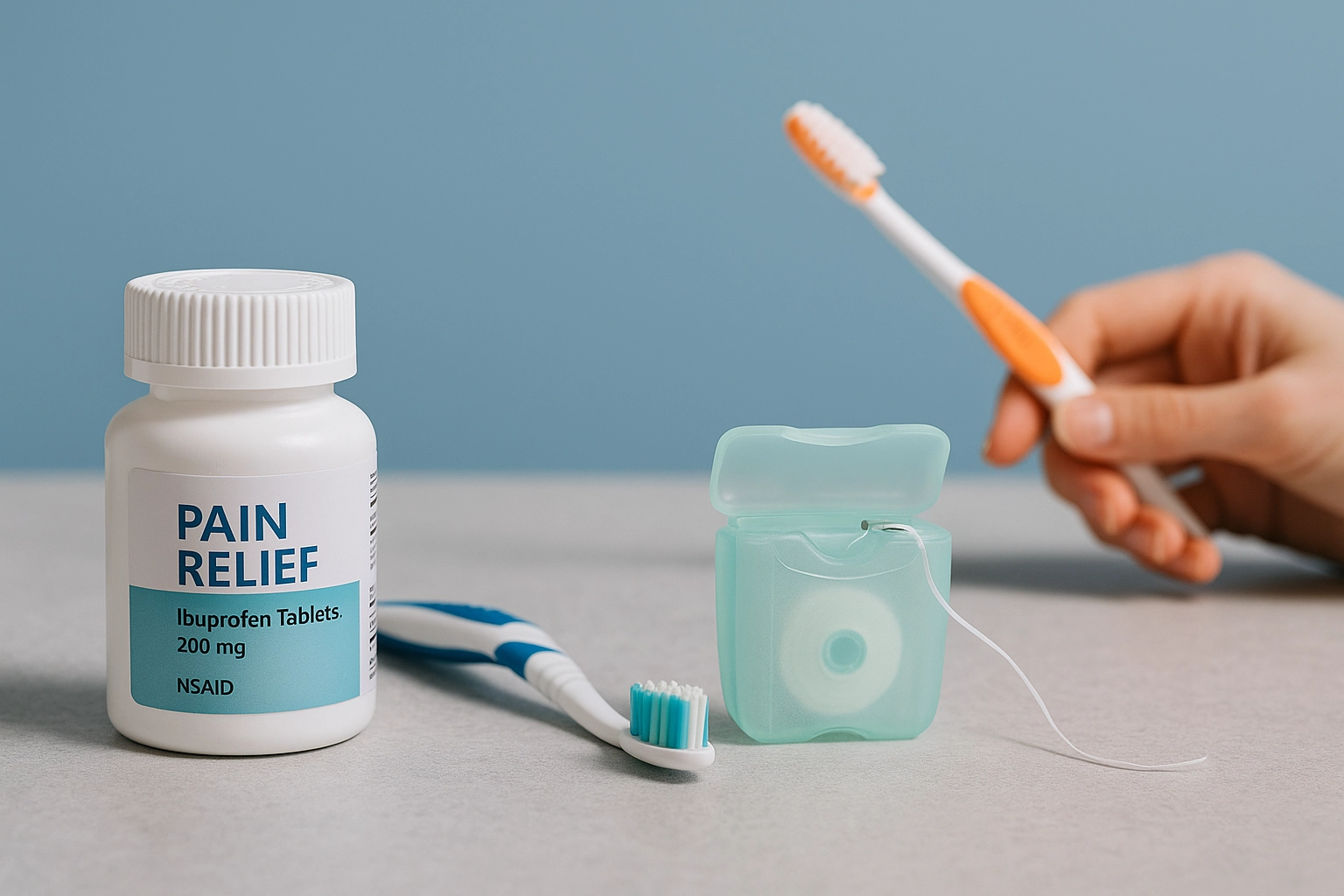 image of dental care items including a bottle of ibuprofen, a toothbrush, and dental floss, arranged on a gray surface with a blue-grey background and a hand holding another toothbrush in the background.